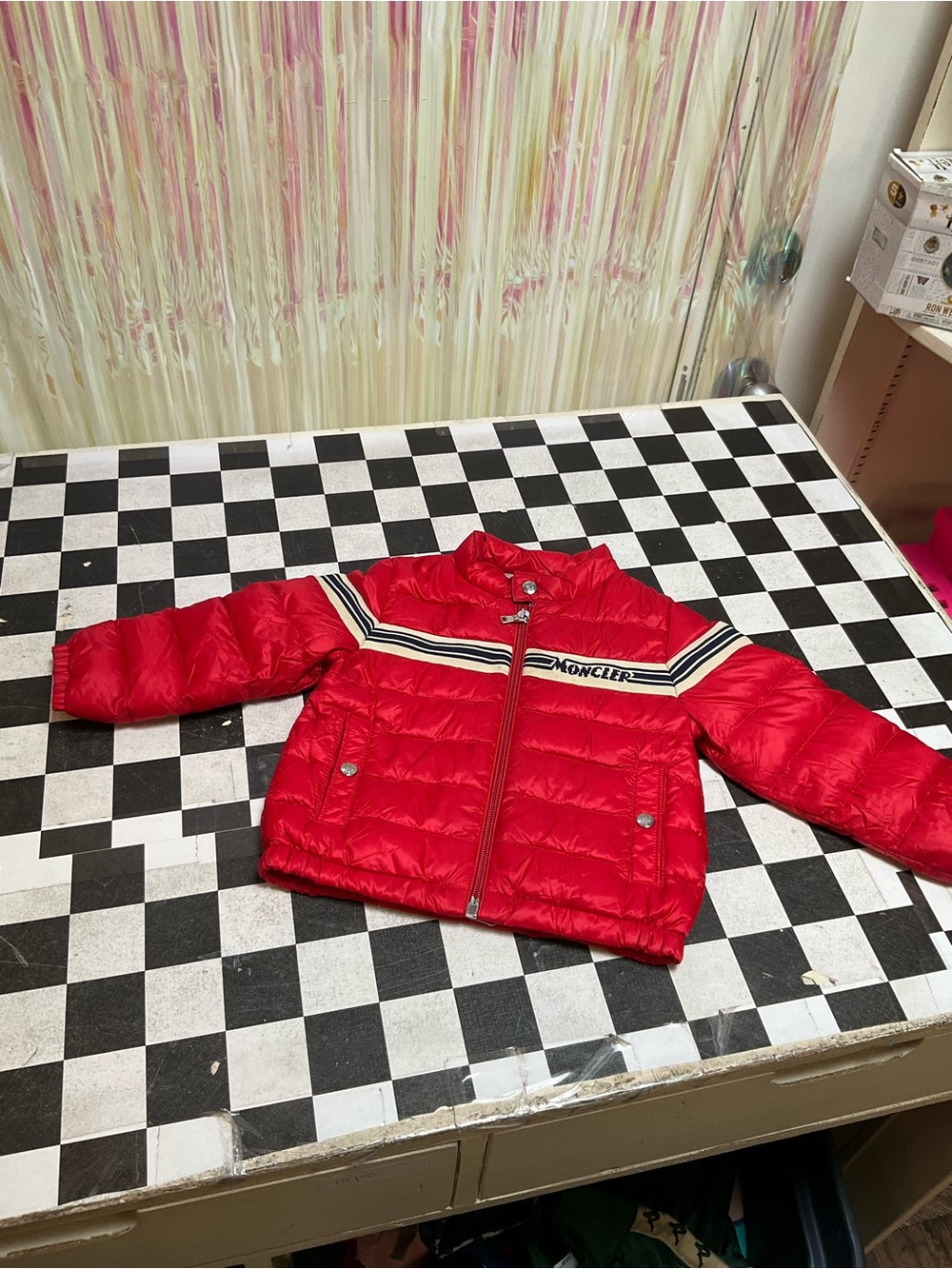 Moncler Red Quilted Puffer Jacket with Navy & White Stripes